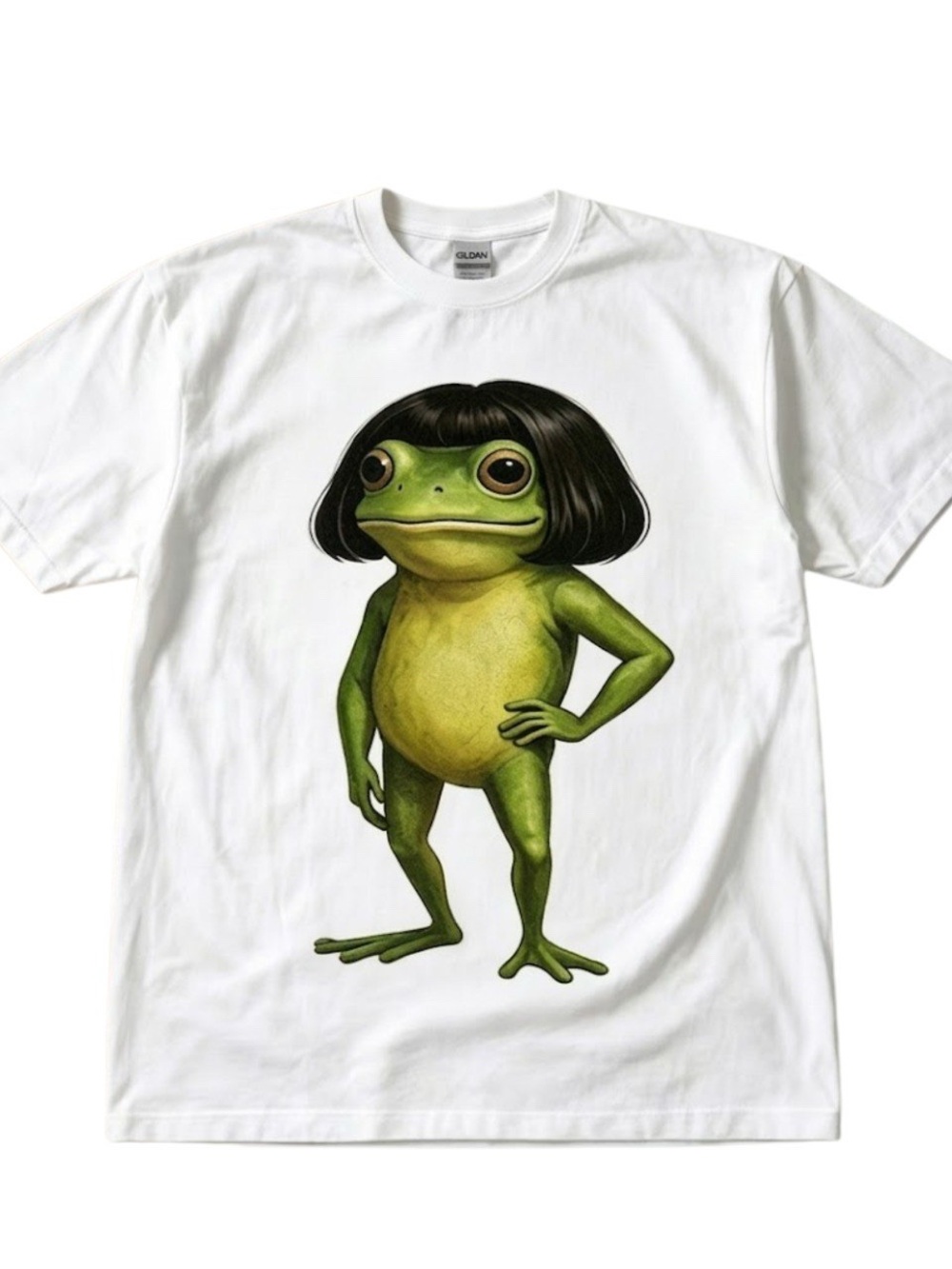 Gildan White T-Shirt with Green Funny Frog Graphic